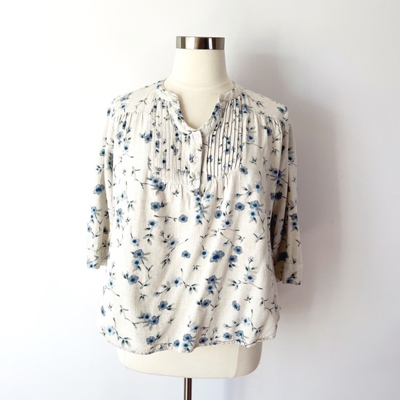 The vermont country store Tops - Vermont‎ Country Store Blouse Beige Blue Floral Linen Blend Pleated Plus 1X